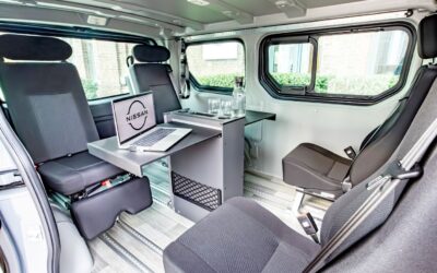 Ausbauvariante Büromobil mit Konferenzbestuhlung und Tisch.