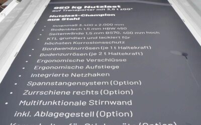 Kippbrücke anheben, Eigenschaften ablesen: Meiller-Aufbau als Wandzeitung.